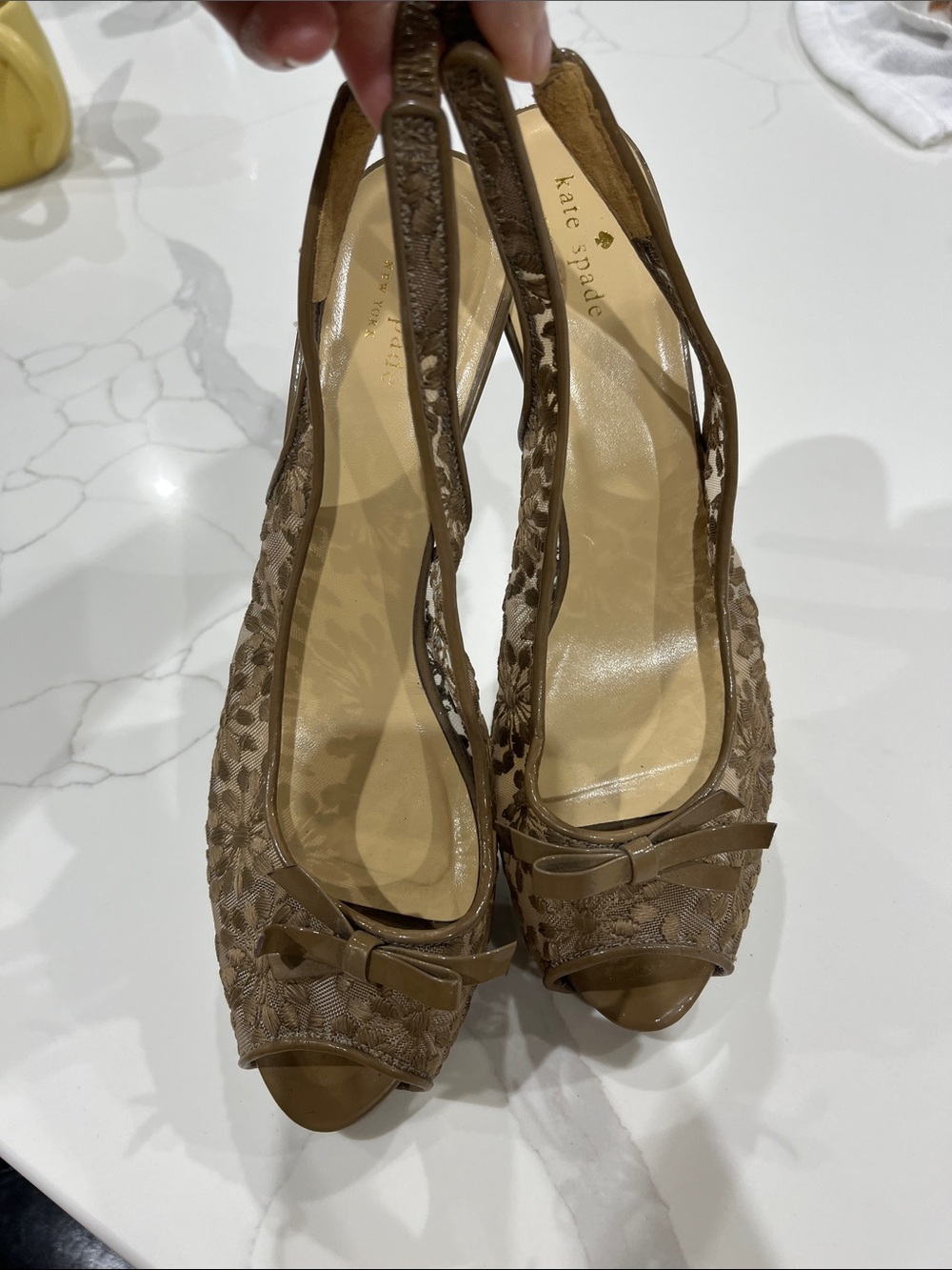 kate spade Brown Lace Peep-Toe Slingback Heels with Bow